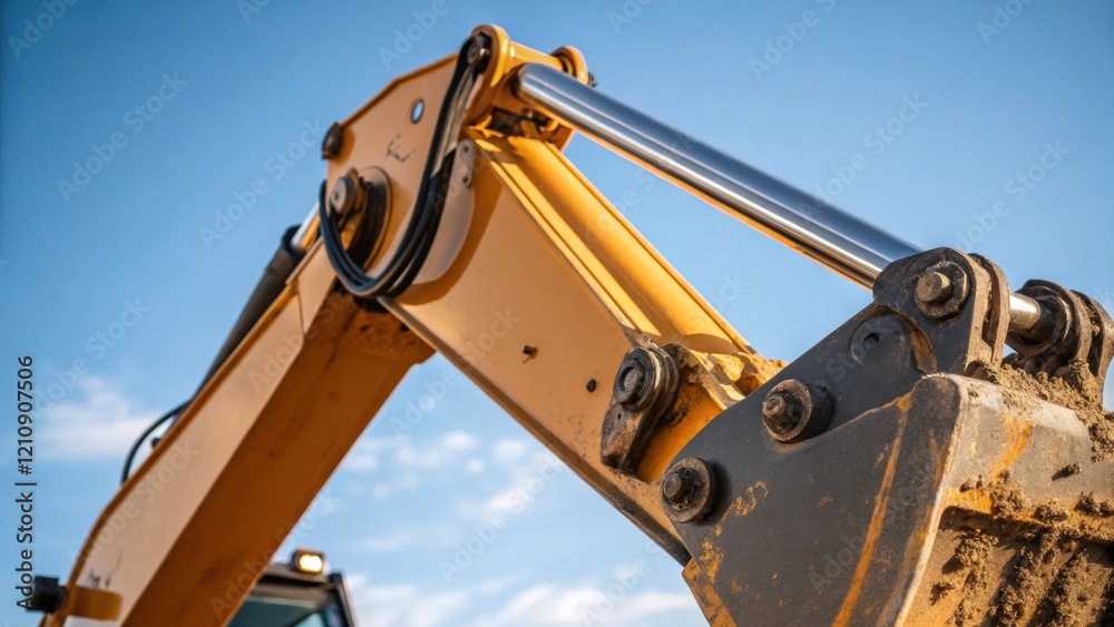 Poster closeup of the backhoes hydraulic arm in action showcasing the intricate details of its joints and c