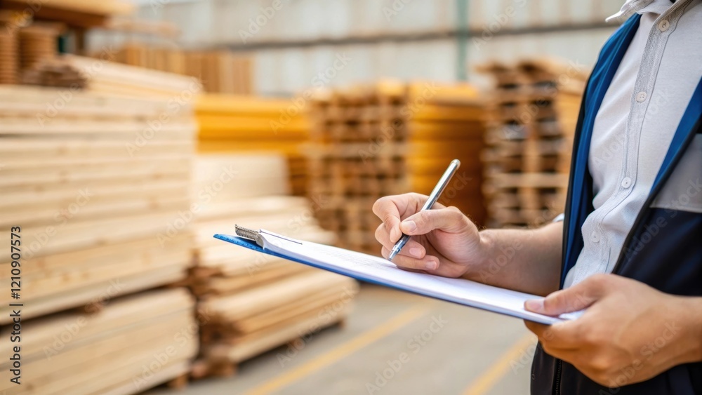 Aufkleber Closeup of the project manager inspecting the quality of materials holding a clipboard and using a pen to take notes as stacks of lumber and tools are visible around them.