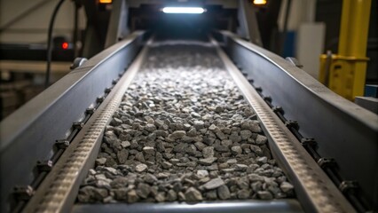 Closeup of the conveyor belt system within the machine where crushed rock is being continuously transported away small pieces of stone glistening under bright lights.