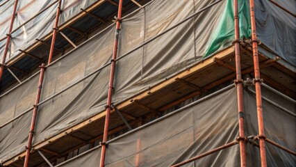 Closeup of tarpaulins covering newly erected scaffolding vividly weathered by the elements highlighting the ongoing work and protection of materials on site.