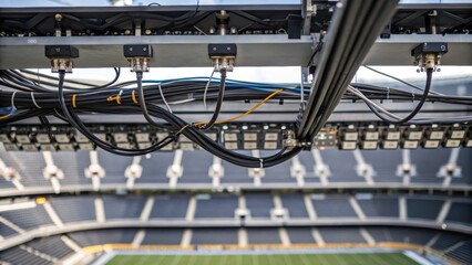 Obraz premium Closeup of the intricate wiring and lighting systems being installed high above the stadium seating showing the complexity and planning involved in modern sporting facilities.