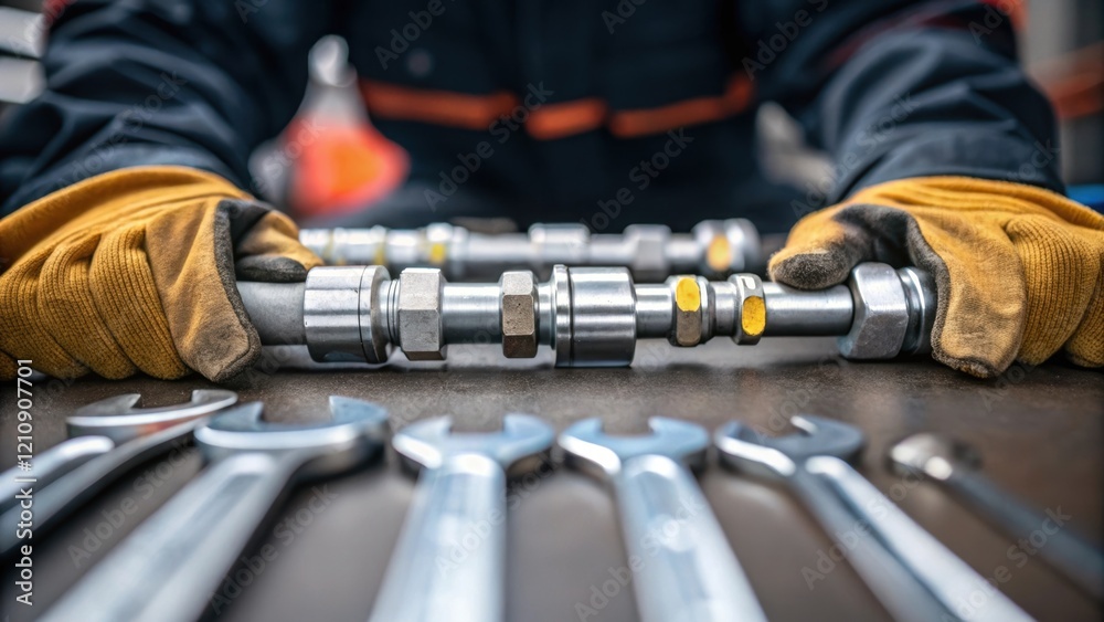 Poster closeup shot of gloved hands connecting segments of a sy gas line with metal fittings the background