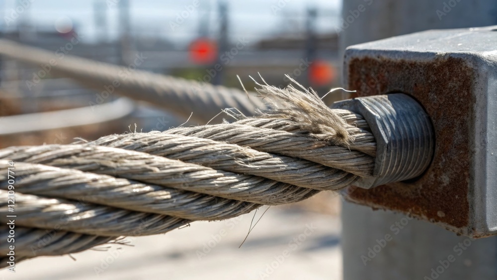 Poster closeup view of the heavyduty cable in tension with visible fraying fibers indicating the immense we