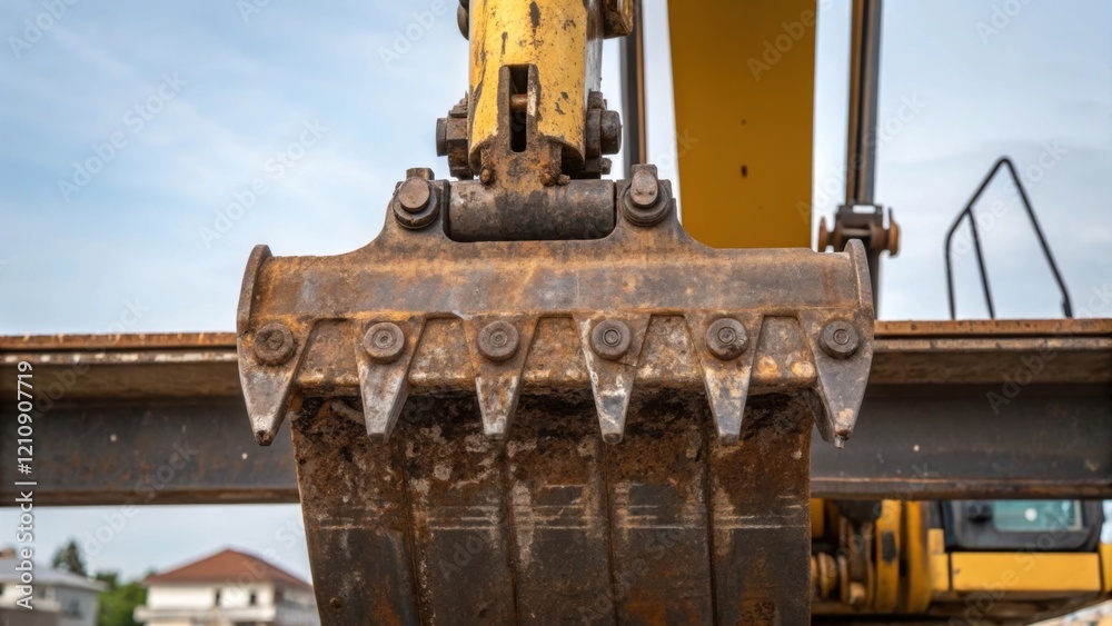 Poster closeup shot of the powerful jaws of a hydraulic excavator gripping a steel beam showing the intrica