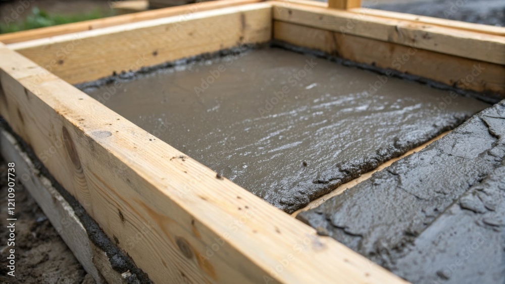 Poster closeup view of the concrete mix filling the corners of a foundation mold emphasizing the contrast b