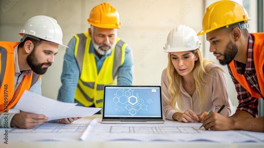 Aufkleber Collaborative Construction Teams A medium closeup of diverse construction team members gathered around a table reviewing blueprints and a blockchain application on a laptop