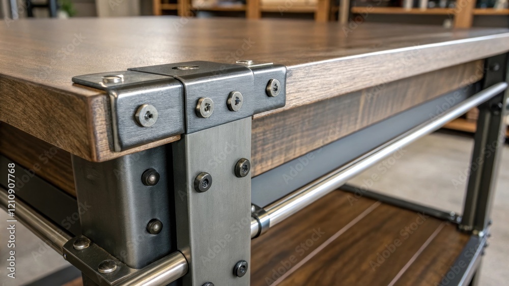 Poster Detailed view of a set of metal brackets being attached to a desk frame showcasing the texture of the materials and the careful alignment needed to ensure stability and strength.