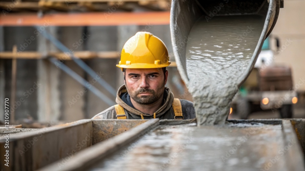 Poster detailed view of a construction worker in a helmet pouring concrete into a mold with the texture of 