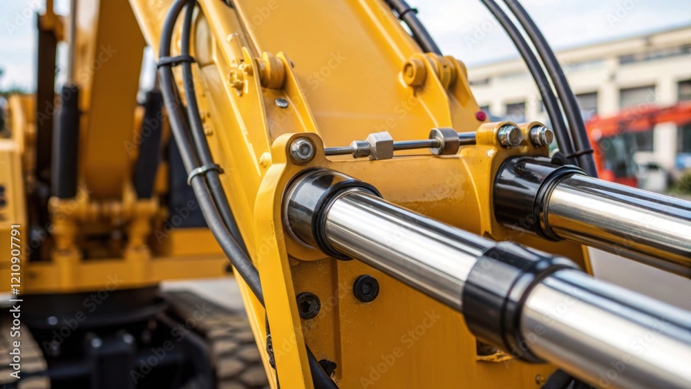 Poster focusing on the powerful hydraulic arm of an excavator highlighting gleaming hydraulic cylinders and