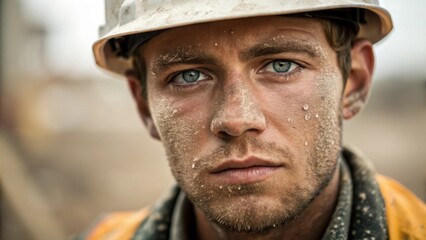 Obraz premium Dust and Grit A medium closeup reveals the workers face spattered with dust and debris emphasizing the harsh environments he endures daily. His piercing eyes reflect both fatigue