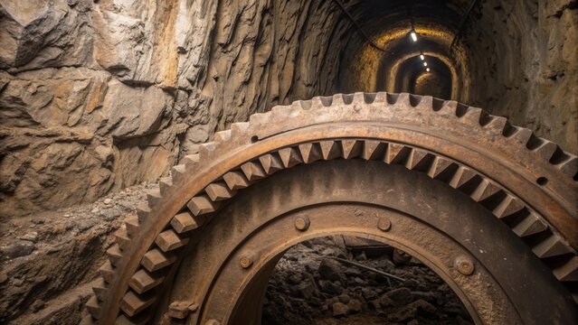 Detailed closeup of the tunnel walls showing fresh uneven rock surfaces with the remnants of bore material just below the rotating ter emphasizing the fresh progress of the tunnel