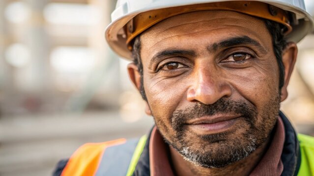 Eyes of Experience A closeup focusing on the workers expressive eyes filled with wisdom and the stories of countless projects. The slight wrinkles around his eyes hint at laughter