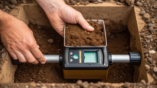 Detailed shot of hands operating a portable soil tester with soil being pushed into the testing chamber revealing textures and colors of the material that indicate its composition.
