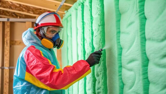 Green insulation application A medium closeup of an insulation spet applying ecofriendly spray insulation with colorful protective gear and the insulation material prominently
