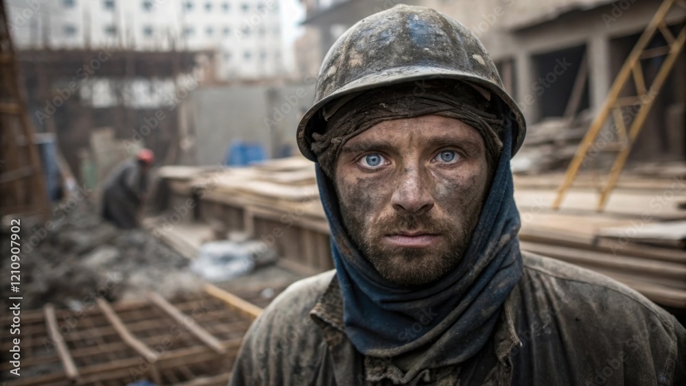 Poster intense blue eyes peer through the grime on the workers face capturing a moment of concentration as 
