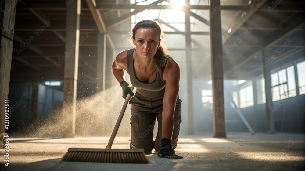 Poster in a medium closeup a female worker uses a broom to sweep up sawdust on a concrete floor her sweatso