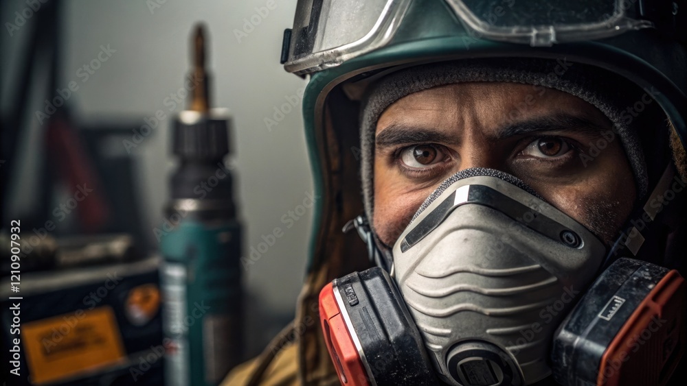 Poster intense concentration is evident on a workers face seen in a closeup as they don a smoke mask showin