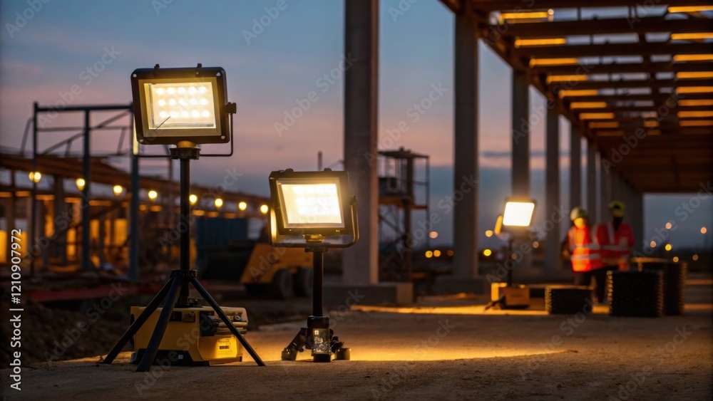 Poster LED Work Lighting An image focusing on a of energyefficient LED work lights illuminating the construction site at dusk with warm inviting light casting minimal shadows ensuring