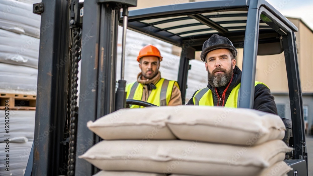 Aufkleber Loading Materials A medium closeup of workers using a forklift to unload bags of cement from a delivery truck. The focused expressions on their faces highlight the importance of