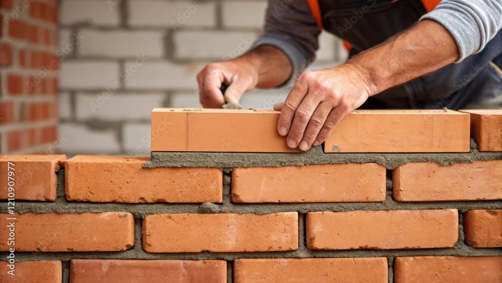 Aufkleber medium closeup of a bricklayer adjusting a brick into position with one hand steadying the brick whi