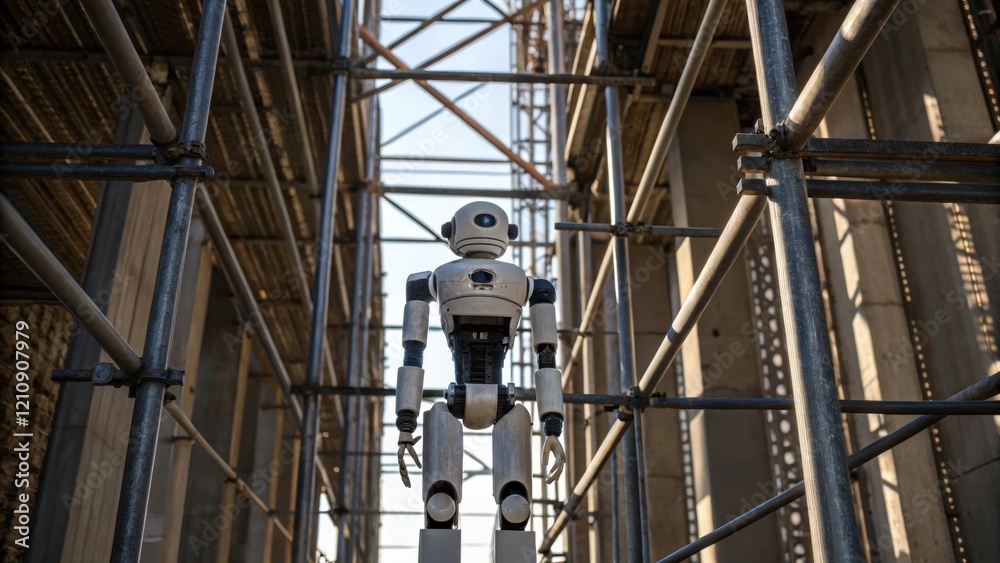 Aufkleber Medium closeup capturing the robot in action ascending a tall scaffolding structure under natural light. The scene emphasizes the contrast between the smooth surface of the robot