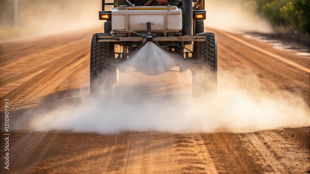 Poster medium closeup of a construction vehicle equipped with a dust suppression spray system spraying a fi