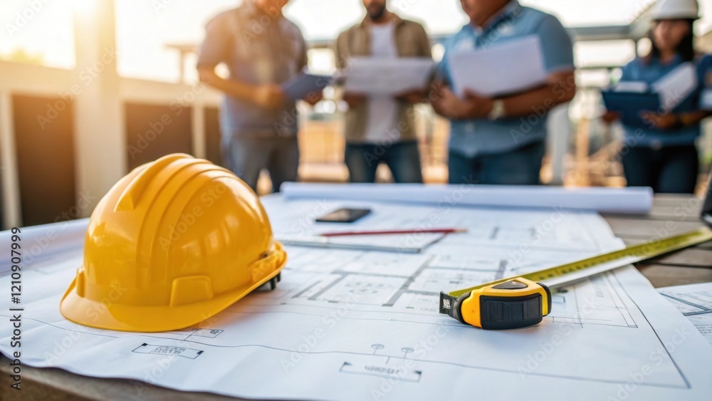 Aufkleber Medium closeup of a construction blueprint spread on a table with a hard hat and measuring tape beside it as workers deliberate over design details capturing the planning phase