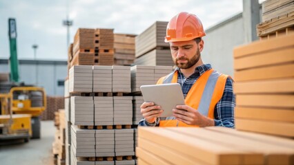 Material Inventory Check A construction worker inspecting a digital tablet while checking stock levels of building materials on site ensuring efficient use and reducing excess