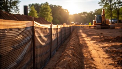 Medium closeup of a construction site with a barrier of silt fencing around a disturbed area capturing sunlight filtering through the fence while demonstrating erosion control