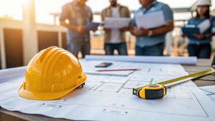 Medium closeup of a construction blueprint spread on a table with a hard hat and measuring tape beside it as workers deliberate over design details capturing the planning phase