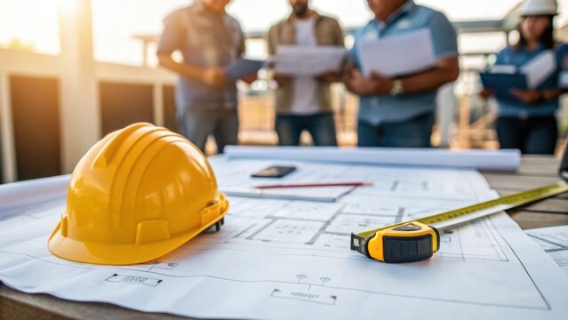 Medium closeup of a construction blueprint spread on a table with a hard hat and measuring tape beside it as workers deliberate over design details capturing the planning phase