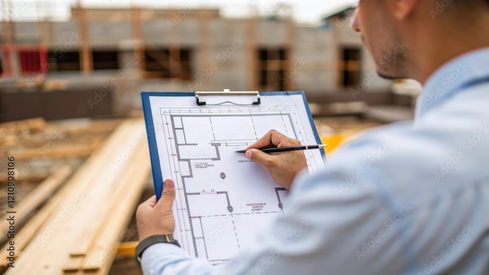 Aufkleber Medium closeup of an engineer holding a clipboard meticulously reviewing a blueprint with site measurements while the other hand points to specific areas on the map showcasing