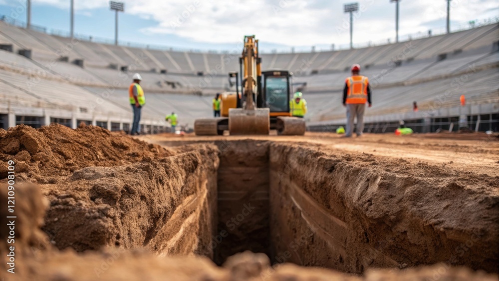 Poster Medium closeup of an excavation site displaying heavy machinery digging into the earth while workers coordinate operations focusing on the foundational work that is crucial to the