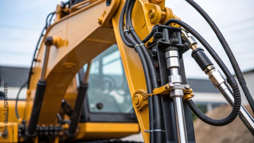 Poster Medium closeup of an excavators articulated arm highlighting the intricate hydraulic systems and joints that enable precise movement and powerful digging capability.