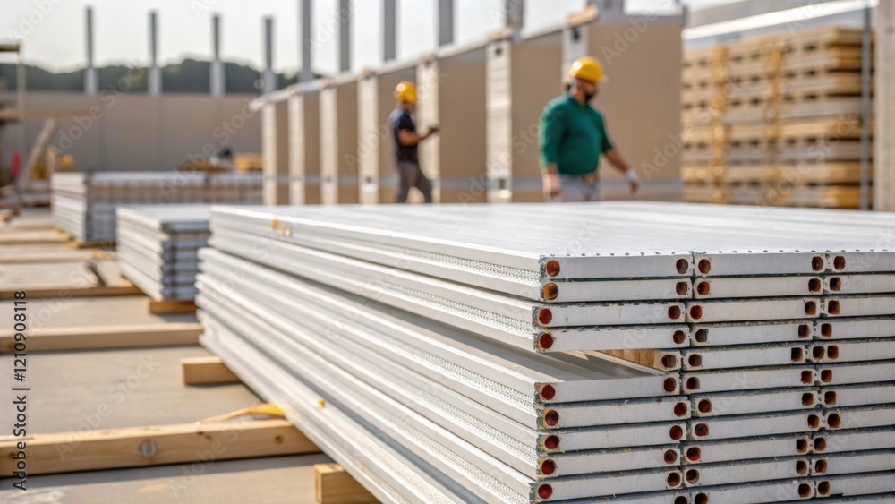 Aufkleber Medium closeup of an array of stacked prefabricated panels marked for installation with workers in the background preparing for assembly illustrating efficiency in the construction