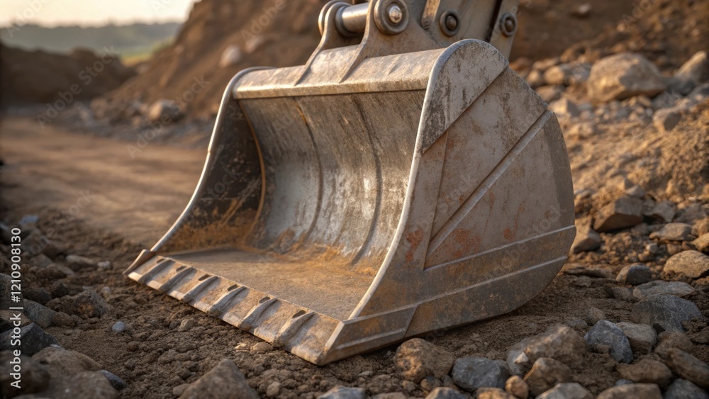 Aufkleber Medium closeup of an excavators bucket surrounded by loose gravel and earth displaying the wear and tear of previous tasks while emphasizing the gleaming metal finish and robust