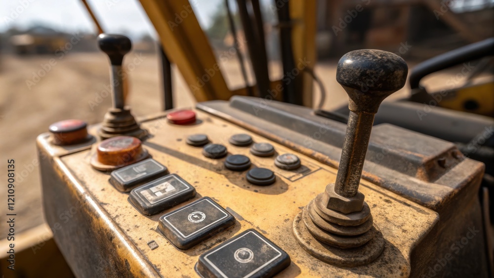 Aufkleber Medium closeup of an excavators operator controls featuring various levers and buttons with worn textures that indicate frequent operation emphasizing human interaction with