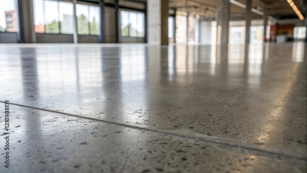 Poster Medium closeup of a polished concrete floor showcasing the mirrorlike finish and varying tones of gray with faint shadows emphasizing the smooth reflective surface.