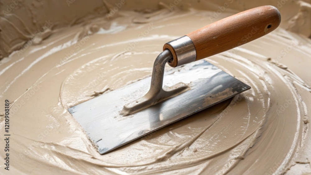 Aufkleber medium closeup of a plastering trowel ting through a mix of plaster showcasing the creamy consistenc
