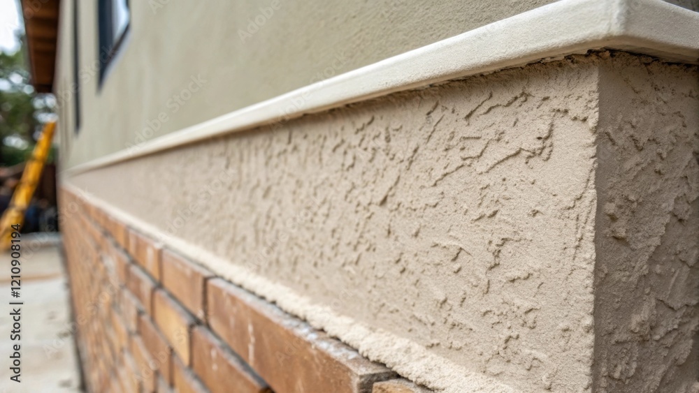 Poster Medium closeup of a plastered wall section where the rough uneven surface transitions to a smooth finished edge illustrating the transformation achieved through skilled