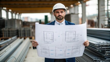 Medium closeup of an architect holding blueprints with various designs and specifications surrounded by construction materials like steel beams and insulation emphasizing the