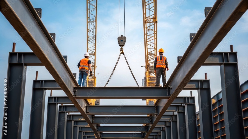 Poster medium closeup of steel beams being hoisted into position with workers carefully guiding them as cra