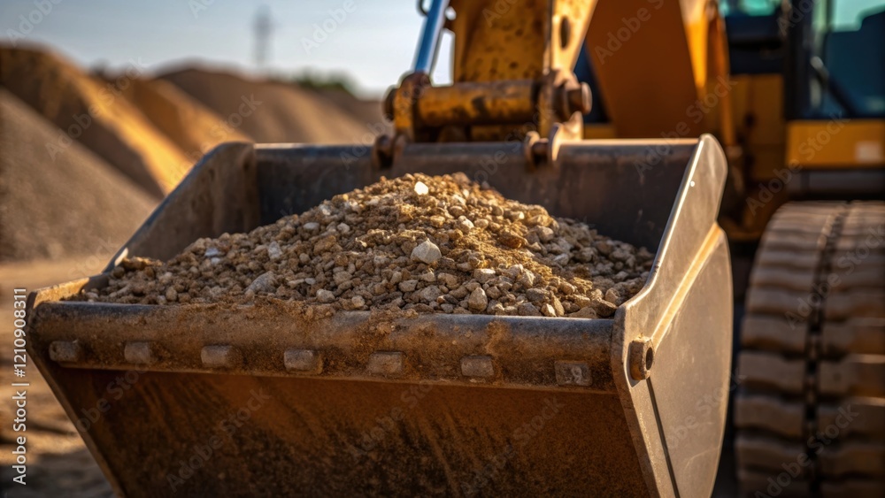 Poster medium closeup of the excavators bucket filled with a mixture of gravel and soil with grains glisten