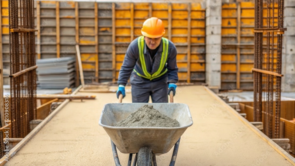 Poster Medium closeup of a worker wearing protective gear mixing concrete in a wheelbarrow with the formwork structure prominently in the background illustrating the preparation phase.