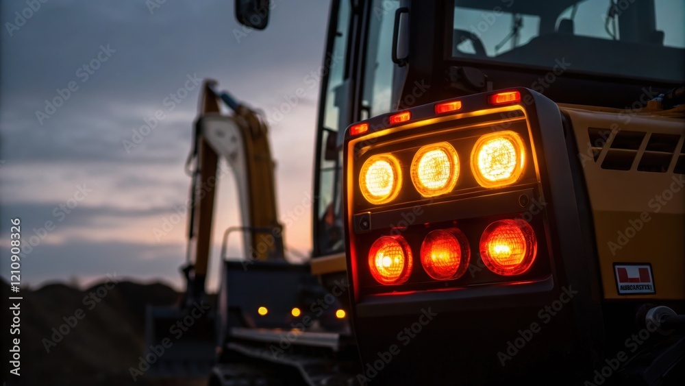 Aufkleber Medium closeup of the rear lights on an excavator illuminating with a soft glow as dusk approaches drawing attention to the blend of functionality and design in heavy machinery.