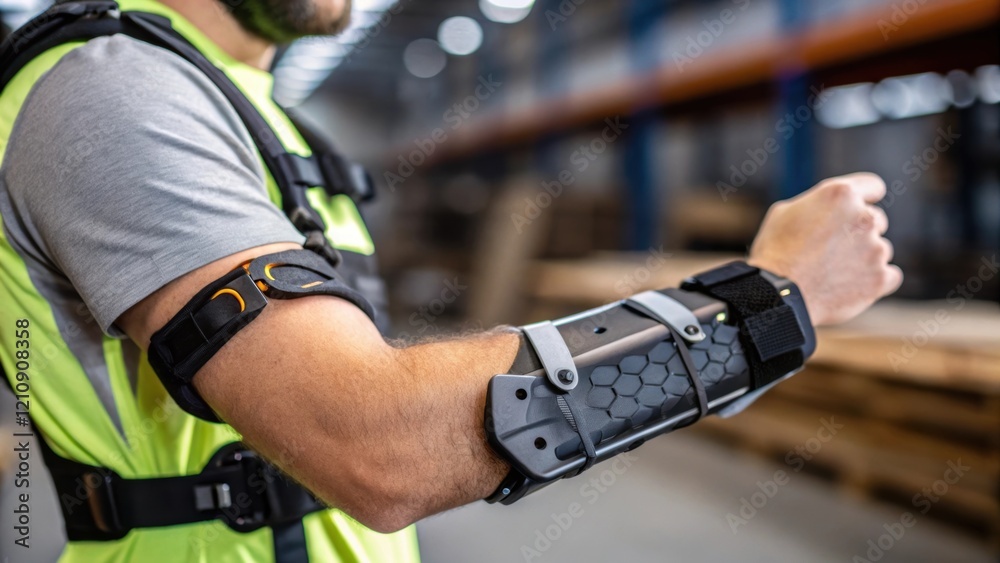Poster Medium closeup of a workers arm equipped with an exoskeleton focusing on the intricate design of the forearm and wrist support demonstrating how it aids in repetitive lifting