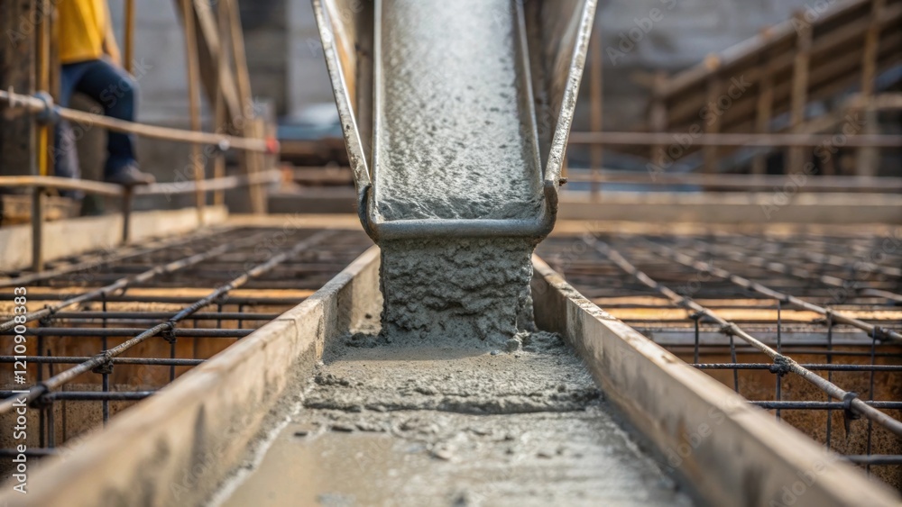 Fototapete Medium closeup of concrete pouring from a chute into a form capturing the fluid motion and precision required to create a foundation for the building structure.