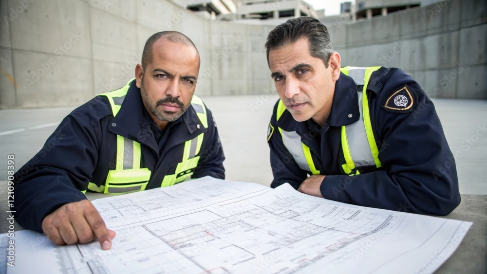 Aufkleber medium closeup of two city officials discussing safety protocols with blueprints spread out on a con