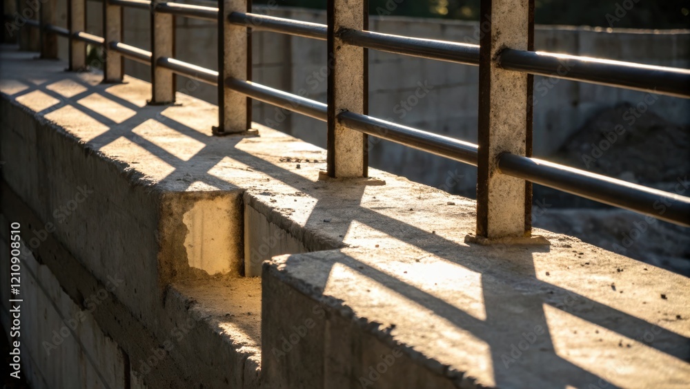 Aufkleber Railing and concrete forms in a closeup image sunlight streaming through the gaps casting shadows that accentuate the textures and contours of the unfinished structure around them.