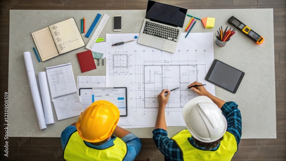 Aufkleber Overhead shot of a table cluttered with open blueprints markers and notepads with a couple of workers in the frame deep in discussion embodying teamwork and planning.